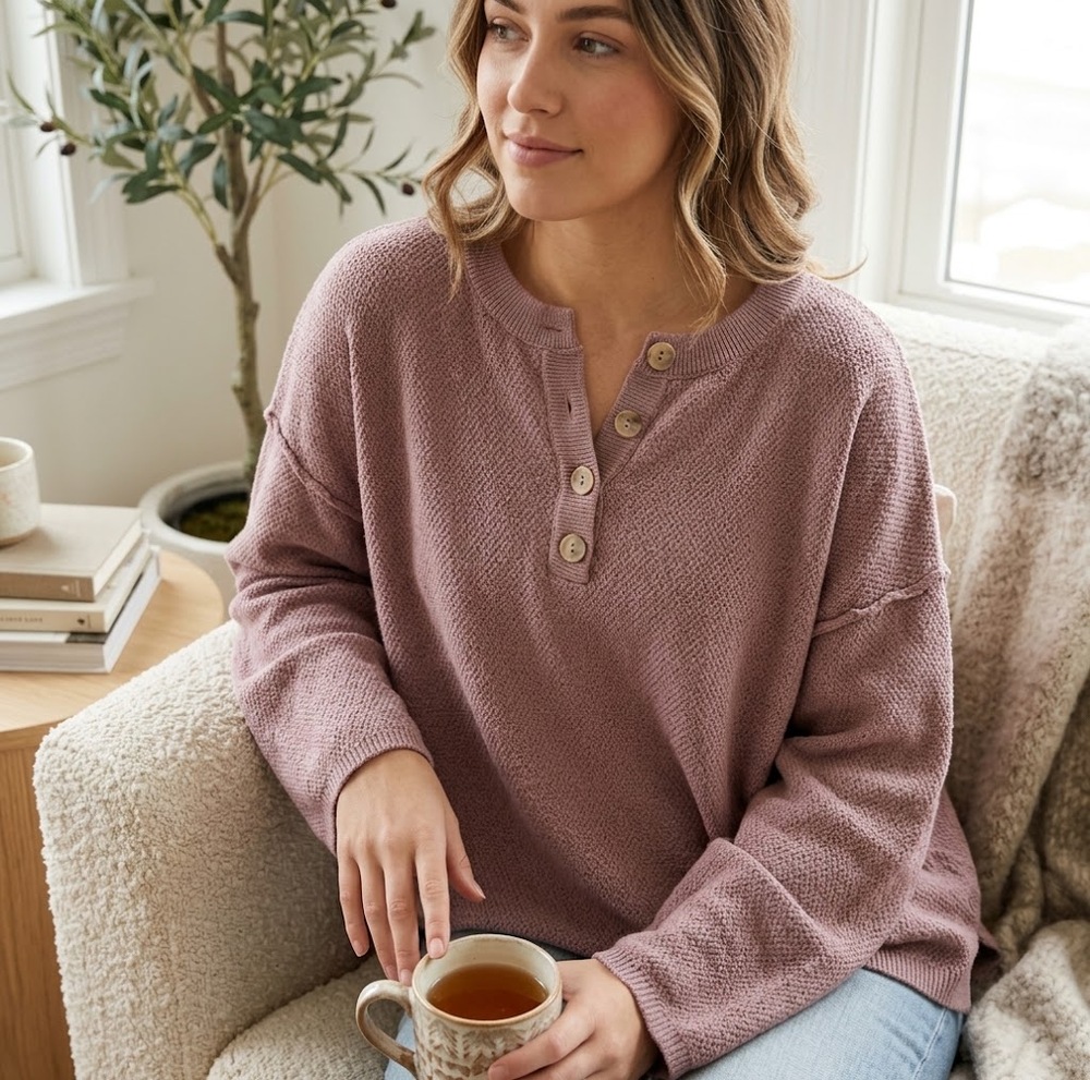 LILLUSORY Brown Textured Knit Oversized Henley Sweater XL Relaxed Fit EUC